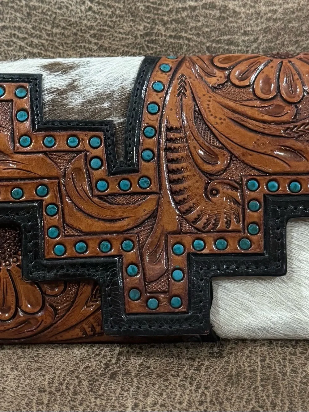 Tooled Leather Crossbody Clutch with Turquoise Studs - Brown & Black